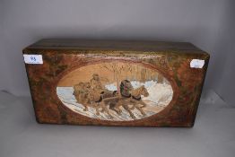 A vintage glove or haberdashery case having carved and decorated Troika sledge scene