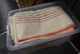 A collection of vintage wool blankets and a monogrammed sheet.