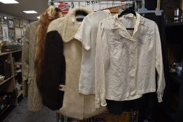 A varied lot of vintage items including blouses, wool jacket, checked blazer and fur tippet.