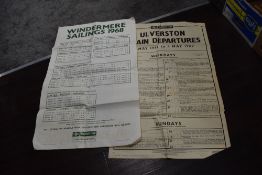 Two vintage posters,one for Windermere sailings dated 1968 the other Ulverston train departures