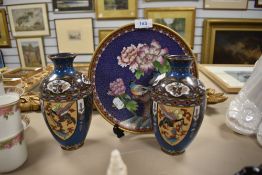 Two Cloisonne vases in blue with butterfly and bird design and a plate having Chrysanthemum and bird