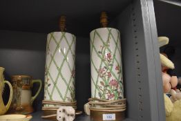 A pair of porcelain Chinese decorated lamp bases having been converted from vase
