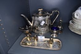 A selection of silver plated table wares including tea pot and table salts