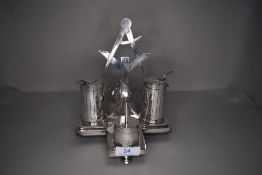 A fine Masonic condiment or sauce set with trowel and calliper design