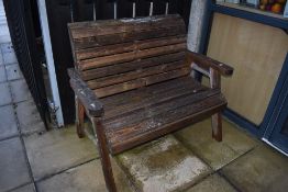 Two wooden garden seats with lounger attachments, double and single