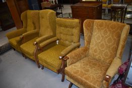 Four various mid 20th century armchairs, having matching yellow moquette upholstery