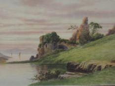 A watercolour, W F Mitchell, lake view with ruin, signed, 24 x 34cm, plus frame and glazed