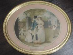 An engraving, oval, after George Morland, The Soldier's Return, 30 x 34cm, plus frame and glazed
