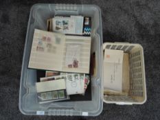 A box containing GB Stamps in 7 albums, presentation packs and loose, mint and used, Queen