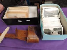 A shoe box of Cumbria Postcards, mainly country views and a shoe box stereoscopic viewer with cards,