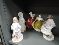 Five figurines, Royal Worcester Lullaby, Coalport Visiting Day (af), Royal Doulton Autumn Breezes