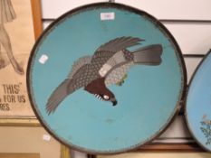 A large Japanese cloisonne charger depicting an eagle in flight on azure blue back ground 45cm
