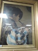 A large print of child playing flute in gilt frame
