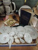 A vintage dolls tea service, a pipe, brass Naval button, books and similar.