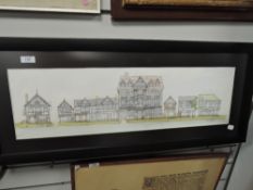 An architectural style print of shop fronts