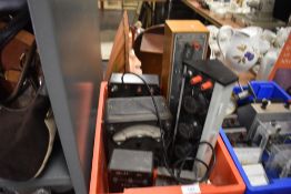 A selection of electronic scientific units including Avo meter and Resistance box
