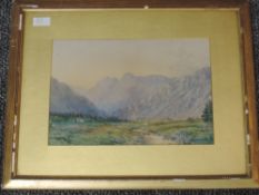 A watercolour, W T Longmire, Langdale valley, signed and dated 1872, 23 x 34cm, plus frame and