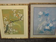 A mixed media painting, on cork, Oriental bird and folaige, 38 x 28cm, plus frame and glazed, and a