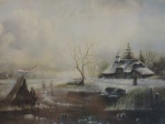 An oil paintimg on board, J P Arnett, frozen winter landscape, signed, 30 x 38cm, plus frame