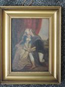 An oil painting on board, period couple in embrace, 21 x 15cm, plus frame