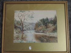 A watercolour, river landscape, 28 x 36cm, and a selection of prints inc an etching, New Inn,