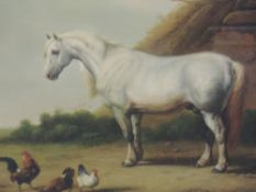 An oil painting, farmyard horse and poultry, 48 x 48cm, plus frame and glazed