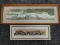 Two watercolours, Len Hubbard, village vistas, each signed, 8 x 33cm and 13 x 52cm, each plus