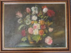An oil painting on board, still life, 33 x 46cm, plus frame