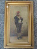 An oil painting, European horn player, 49 x 24cm, plus frame