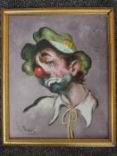 An oil painting, G Muncar, portrait Marcel Maseau clown, signed and attributed verso, 40 x 31cm,