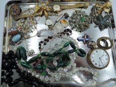 A selection of costume jewellery including malachite beads, crystal beads, brooches, Titoni wrist