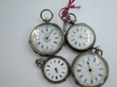 Four small continental silver & white metal pocket watches, all having Roman numeral dials to