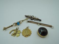 A small selection of 9ct gold and yellow metal including three bar brooches, St Christopher pendant,