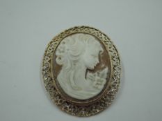 A conch shell cameo brooch depicting a maiden in profile within a decorative 9ct rose gold mount,