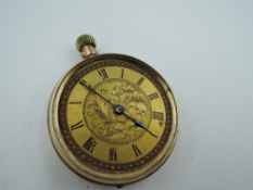 A small rose gold coloured top wound pocket watch stamped 9C having Roman numeral dial to decorative