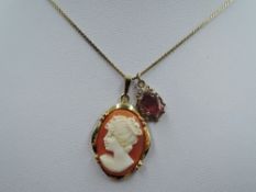 A 9ct gold pendant having pink stone in decorative mount on 9ct snake link chain, and a cameo