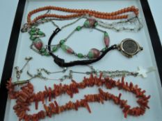 A small selection of vintage jewellery including coral bead necklace, coral branch necklace,