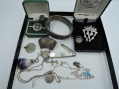 A selection of HM silver and white metal jewellery including hinged bangle, Luckenbooth brooch, Blue