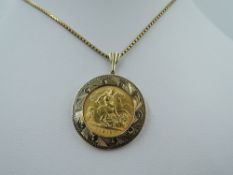A 1912 gold half sovereign in a removable pendant mount on a 9ct gold box chain, approx 9.5g