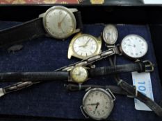 A small Oriental lacquered box containing six vintage watches including Vivax automatic, HM silver