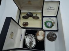 A small selection of costume jewellery including cased HM silver cufflinks by Mappin & Webb,