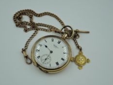 A 9ct rose gold watch chain with T bar, 18ct gold St John's Ambulance medallion fob and gold