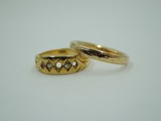 An 18ct gold wedding band having worn engraved detail, size N & 3.4g, and a damaged yellow metal