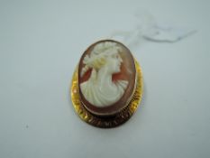 A small conch shell cameo brooch/pendant depicting a maiden in profile in a yellow metal collared