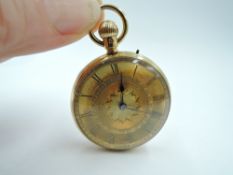 A small 18ct gold top wound pocket watch having Roman numeral dial to engraved gold face in plain