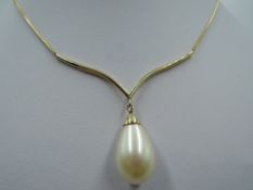 An 18ct gold snake chain necklace with fixed central panel having simulated teardrop pearl drop,