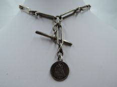 An HM silver fancy link watch chain with T bar and One Dime coin fob, approx 48g