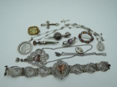 A small selection of HM silver and white metal jewellery including filligree bracelet and pendant,