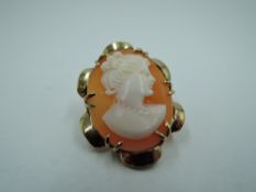 A small conche shell cameo brooch bearing maiden in profile in decorative yellow metal mount, no