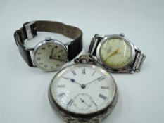 A silver top wound pocket watch by Omega having Roman numeral dial with subsidiary seconds in a